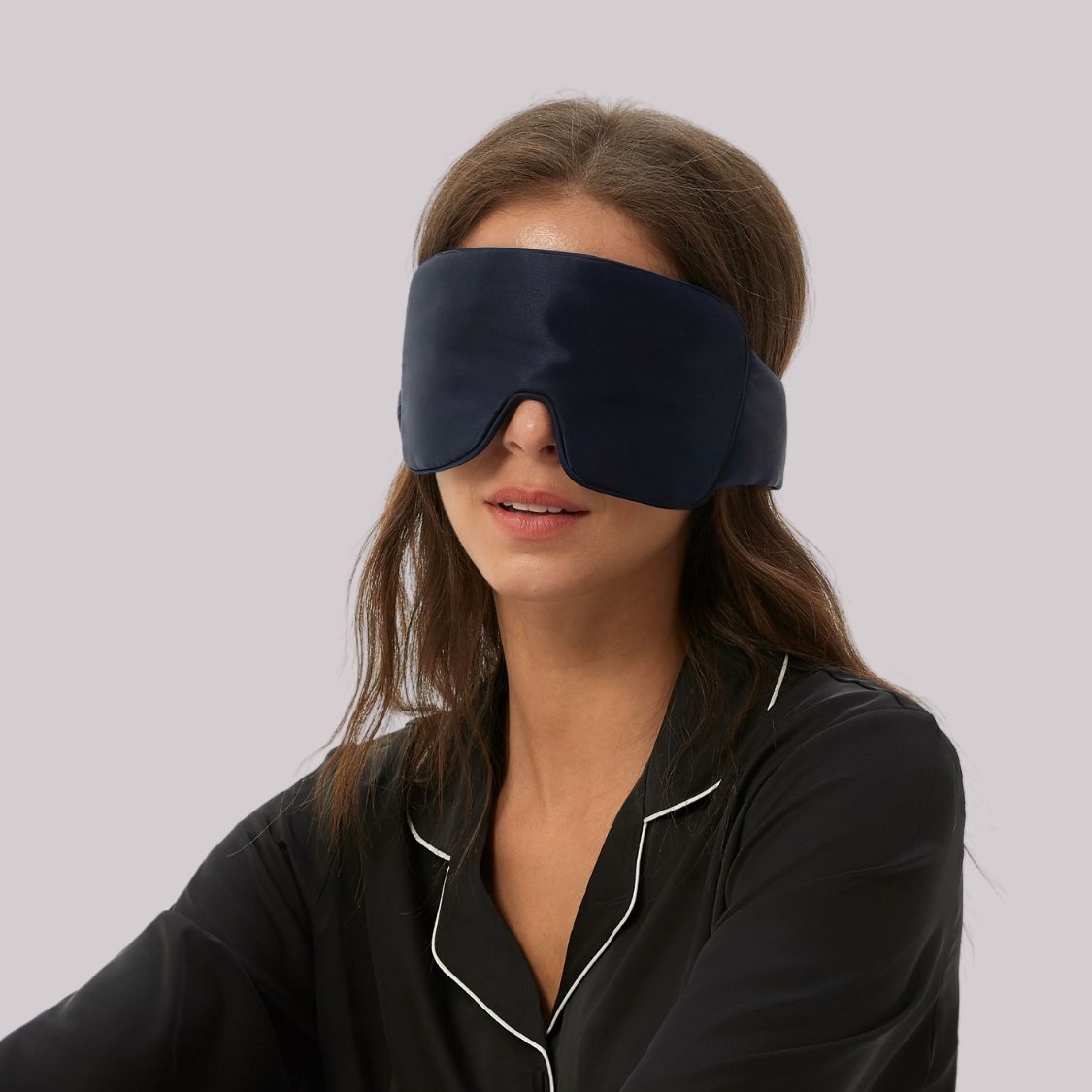 Adjustable dark blue silk sleep eye mask for side, stomach sleeper