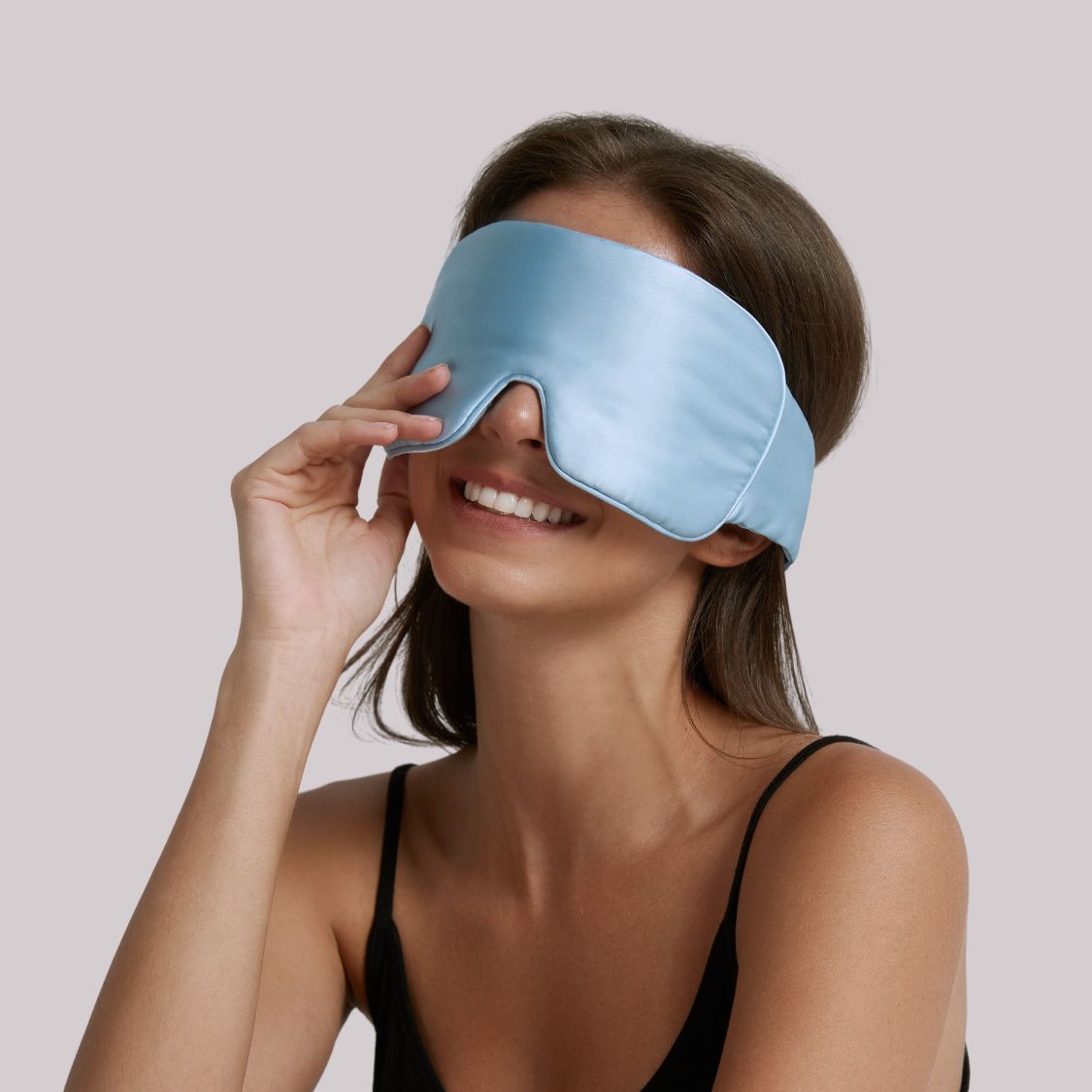 Adjustable light blue silk sleep eye mask for side, stomach sleeper