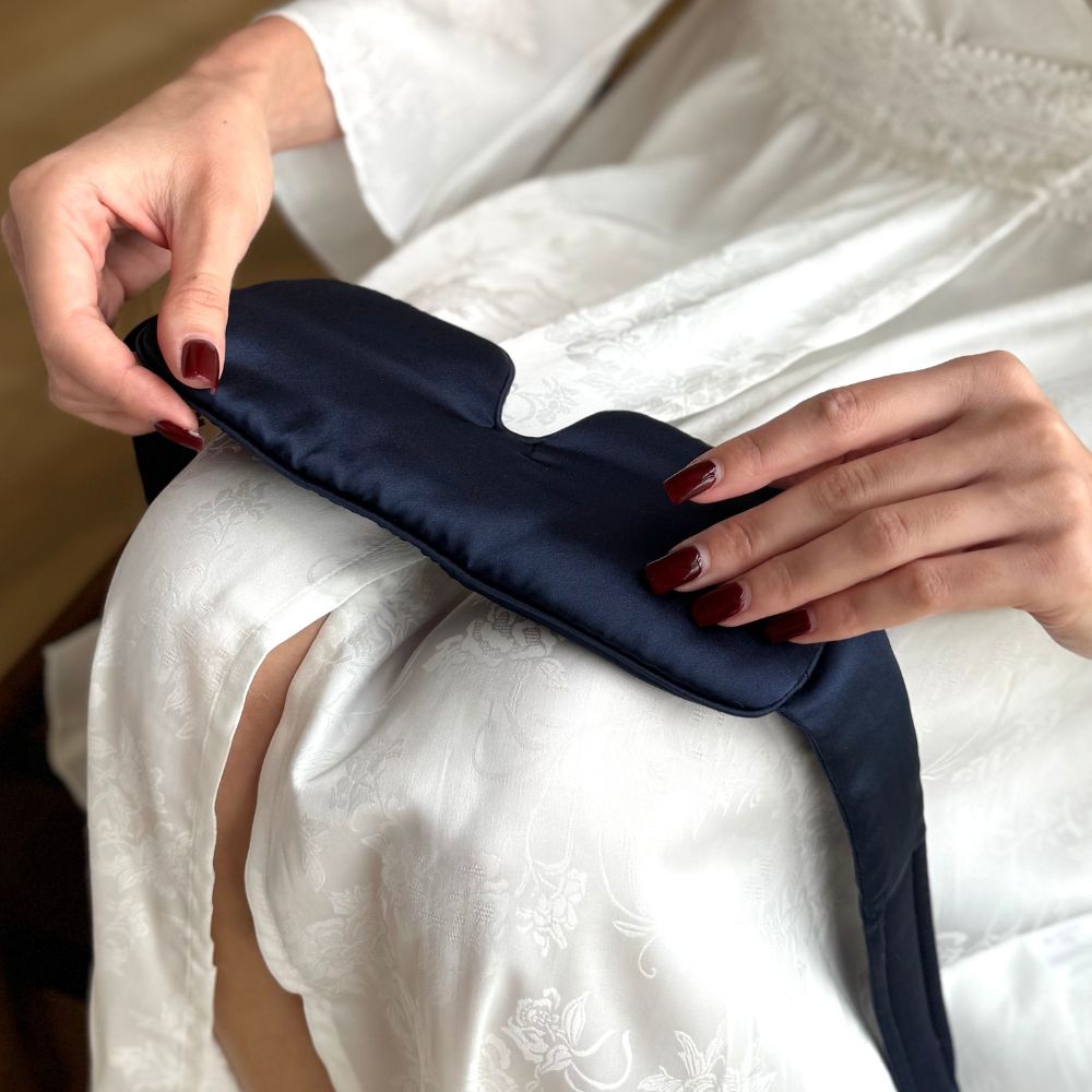 Adjustable dark blue silk sleep eye mask for side, stomach sleeper