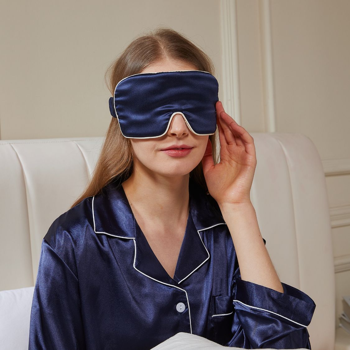 Dark blue and natural white silk sleep eye mask